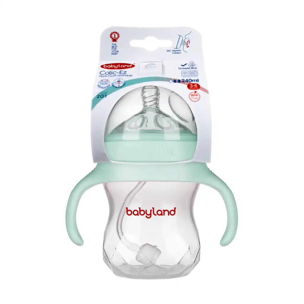 201-Babyland-colic-ez-venting-system-wide-neck-Light-Green-Color-baby-bottle-With-Pack-01 بی بی لند شیشه شیر (شیر خوری) کولیک ایز طرح اونت (Avent) ضد نفخ (آنتی کولیک) دهانه عریض فندقی (گرد) دسته دار سایز 2 مناسب نوزادان 3 تا 6 ماه 240 میلی - کد 201 - تصویر 1