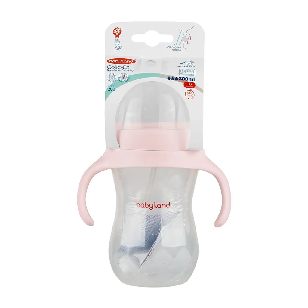 202-01 بی بی لند شیشه شیر (شیر خوری) کولیک ایز طرح اونت (Avent) ضد نفخ (آنتی کولیک) دهانه عریض فندقی (گرد) دسته دار سایز 3 مناسب نوزادان بالای 6 ماه 300 میلی - کد 202 - تصویر 1