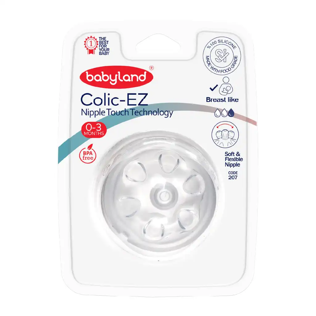 207-Babyland-colic-ez-baby-nipple-wide-neck-size-1-01 بی بی لند سرشیشه کولیک ایز طرح اونت (Avent) دهانه عریض فندقی (گرد) سایز 1 مناسب نوزادان 0 تا 3 ماه - کد 207 - تصویر 1