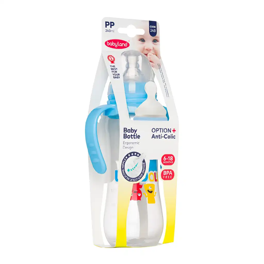 248-Babyland-PP-round-classic-baby-bottle-with-handle-240ml-with-hanger-01 بی بی لند شیشه شیر (شیر خوری) ضد نفخ (آنتی کولیک) فندقی (گرد) دسته دار سایز 2 مناسب نوزادان 6 نا 18ماه 240 میلی -کد 248 - تصویر 1