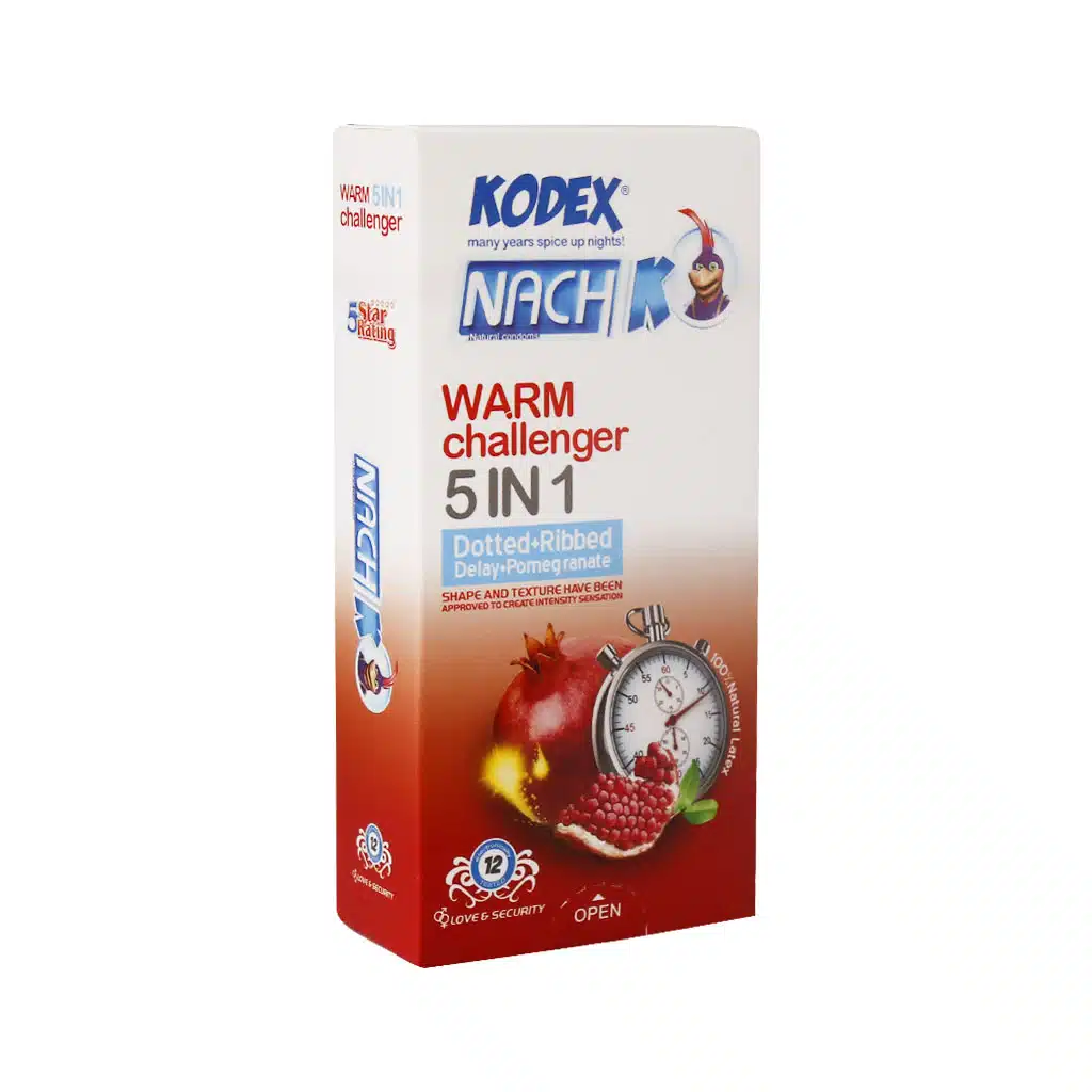 Kodex-Warm-Challenger-5-in-1-Condom-12-pcs.jpg کدکس کاندوم 12 عددی تاخیری و تنگ کننده گرم 5 در 1 حاوی ژل انار - تصویر 1