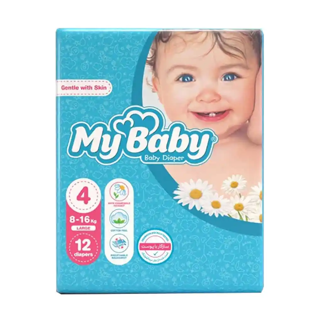 My-Baby-Size-4-For-8-To-16-Kg-Diaper-12-pcs مای بیبی سایز 4 ( 8 تا 16 کیلو) حاوی عصاره بابونه 12 عددی - تصویر 1