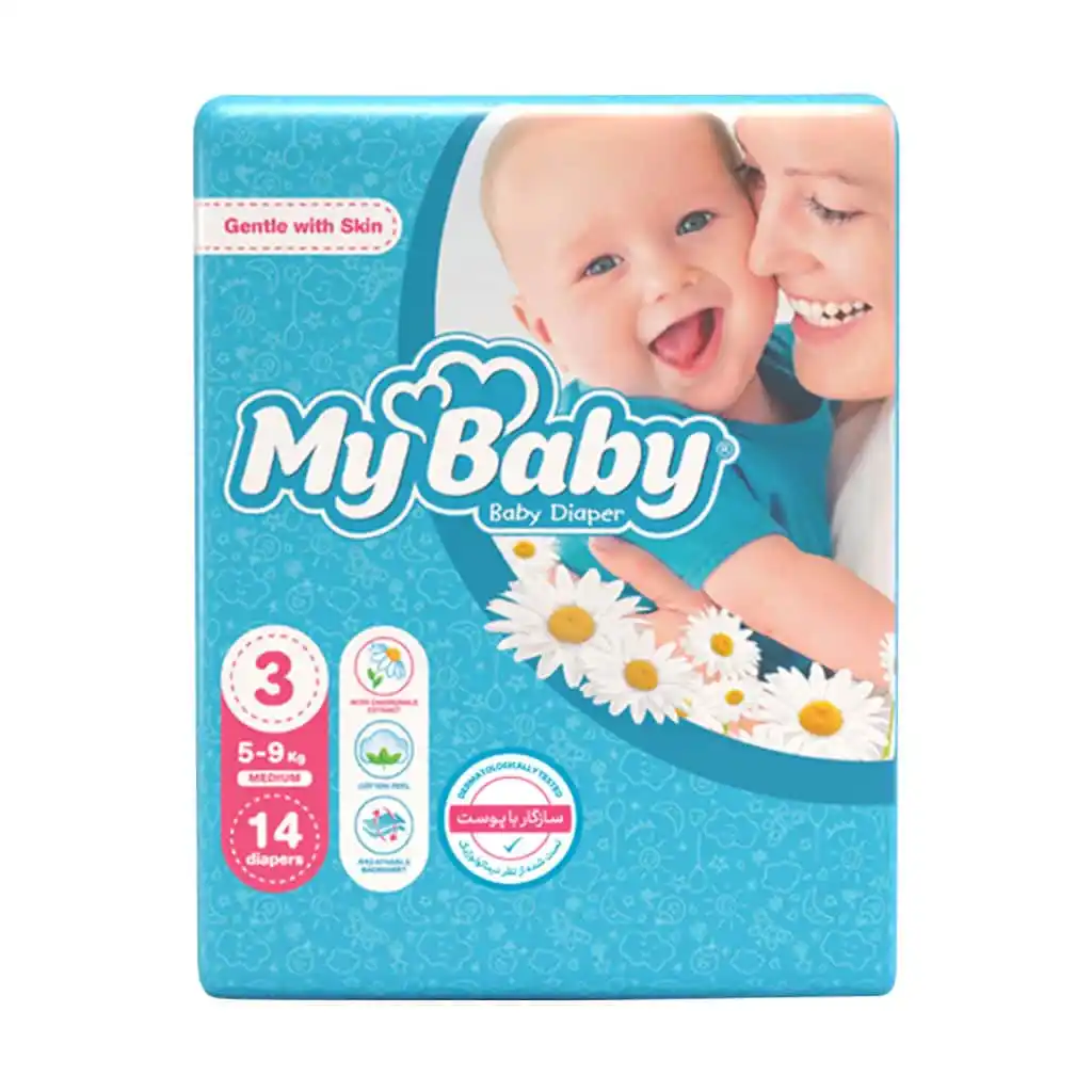 My-Baby-Size-۳-Baby-Diaper-With-Chamomile-Extract-14 مای بیبی سایز 3 (5 تا 6 کیلو) حاوی عصاره بابونه 14 عددی - تصویر 1