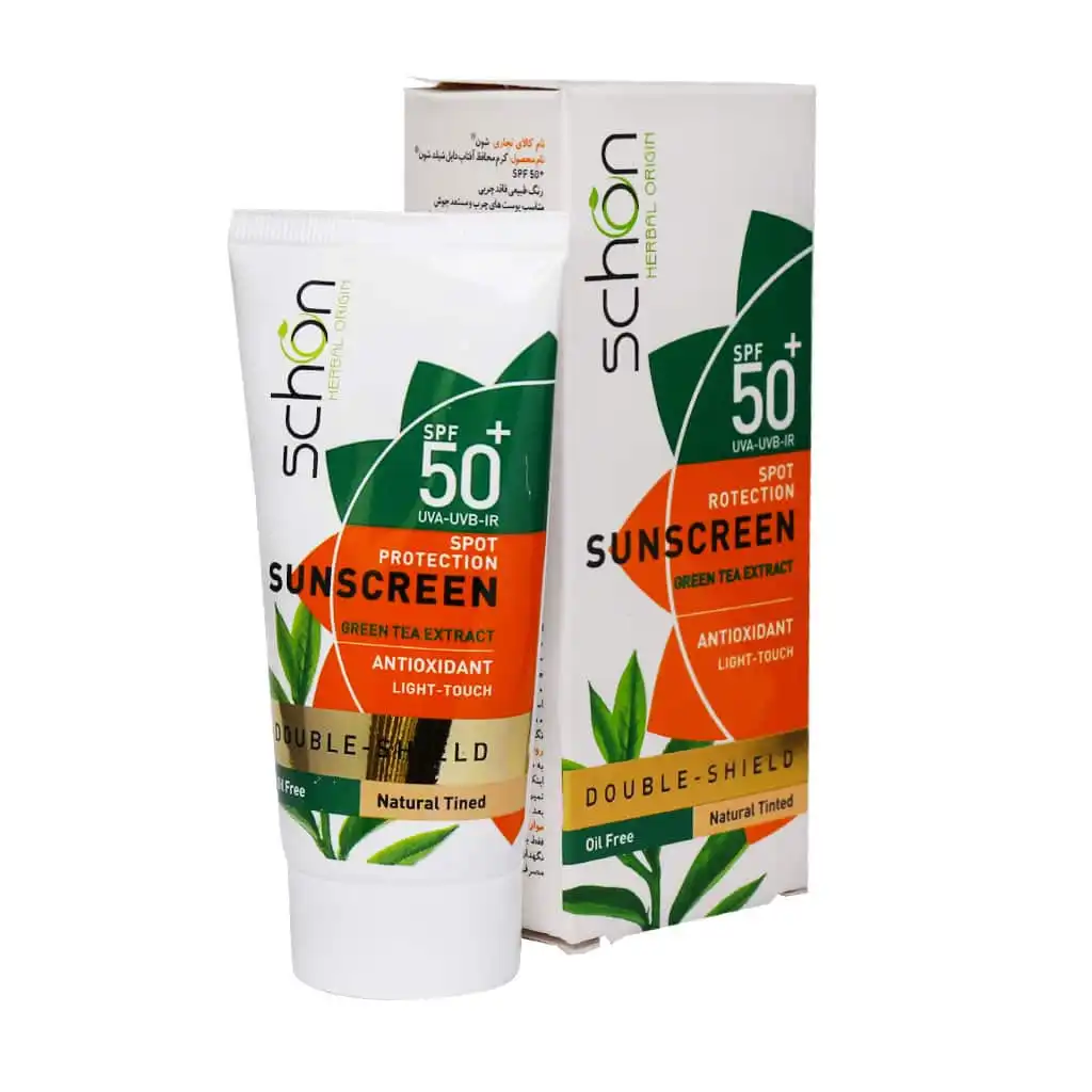 Schon-Suncreen-Double-Shield-SPF50-Tabiee شون کرم ضد آفتاب SPF50 دابل شیلد فاقد چربی بژ طبیعی مناسب پوست های چرب 50 میلی لیتر - تصویر 1